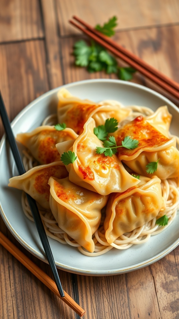 Savory Noodle Dumplings Recipe Savory noodle dumplings on a plate with noodles and cilantro garnish.